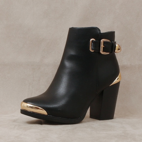 Shoes - Black Faux Leather Bootie W/ Gold Detailing Apollo